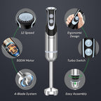 FRESKO Immersion Blender Handheld, 4-in-1 Stainless Steel Hand Electric Stick Mixer with 12-Speeds & Turbo Mode, Powerful 500W Emulsion Blender with Beaker, Chopper & Whisk