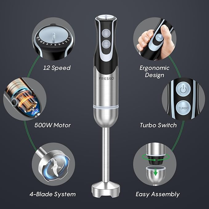 FRESKO Immersion Blender Handheld, 4-in-1 Stainless Steel Hand Electric Stick Mixer with 12-Speeds & Turbo Mode, Powerful 500W Emulsion Blender with Beaker, Chopper & Whisk
