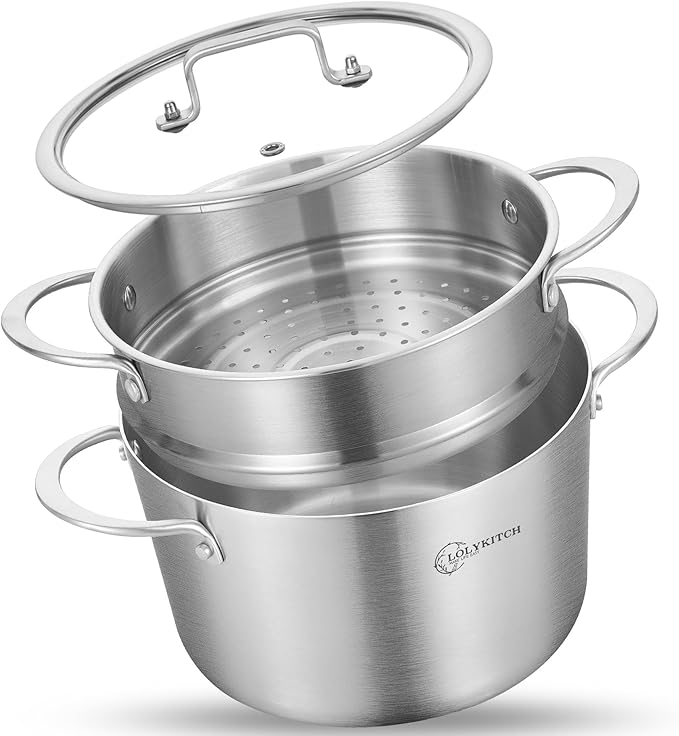 LOLYKITCH 3 Quart Stainless Steel Steamer Pot with Glass Lid, 3-Ply Steaming Pot for Cooking, 2 Tier Induction Steamer Pot for Tamales Seafood Vegetables Dumplings Stock Pot, Thick