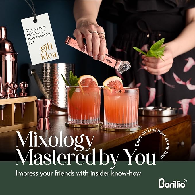 Barillio Rose Gold Bartender Kit - Stainless-Steel Cocktail Shaker Set w/Bamboo Stand - Mixology Bar Tools w/Drink Shaker, Mixer and Muddler for Cocktails - Home Bar Accessories - 23-Pc Bar Set