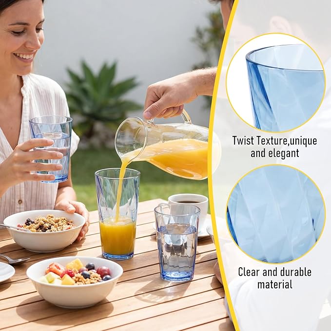 LemonRoad 24 Pack Reusable Plastic Drinking Glasses Set - 20oz & 13.5oz Stackable Tumbler, Shatter-resistant Highball Cups for Water, Cocktail, Iced Coffee, Indoor Outdoor Use, BBQ, Patio, Pool (Blue)