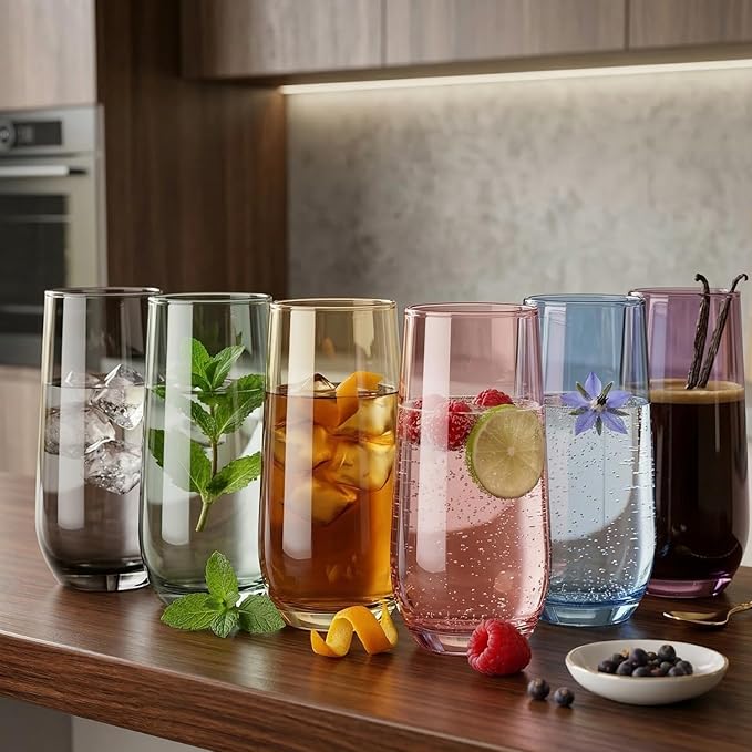 Amber Drinking Glasses Set of 6 | Translucent Yellow Glassware | 16 oz Amber Glass Cups | Highball Drinkware for Cocktails, Long Drink, Mojito, Juice, Soda | Modern Sun-Tinted Drinkware
