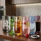 Amber Drinking Glasses Set of 6 | Translucent Yellow Glassware | 16 oz Amber Glass Cups | Highball Drinkware for Cocktails, Long Drink, Mojito, Juice, Soda | Modern Sun-Tinted Drinkware