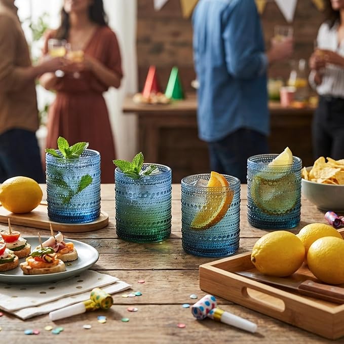 Moretoes Cocktail Glasses 10 oz Hobnail Drinking Glasses Set of 6, Vintage Glassware, Textured Glass Cups Bubble Glasses Water Glasses Old Fashion Jupiter Glasses Set(Blue)
