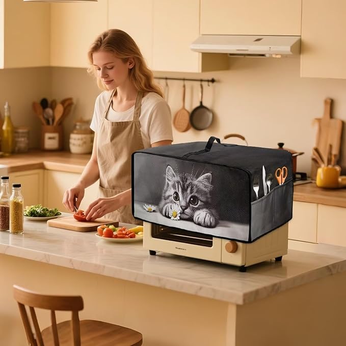 Kitten Daisy Print Toaster Oven Stain-resistant Cover for Kitchen Counter Decor, Heavy Duty Heat-resistant Microwave Oven Cover, Washable (Medium-16.1 * 19.71 * 10 inches)