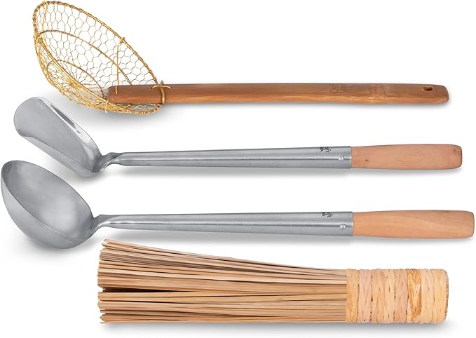 Craft Wok Tools 4 pcs Set: Ladle, Spatula, Strainer, Bamboo Brush/Utensils Traditional Asian Cookware with Wooden Handles / 732W9