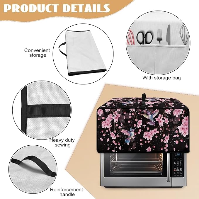 Hummingbird Cherry Blossom Print Toaster Oven Cover, Heat-Resistant Toaster Cover Dust-Proof Microwave Oven Protector, Protections for Kitchen, Black, (Large-18.5*22.5*12.99 inches)