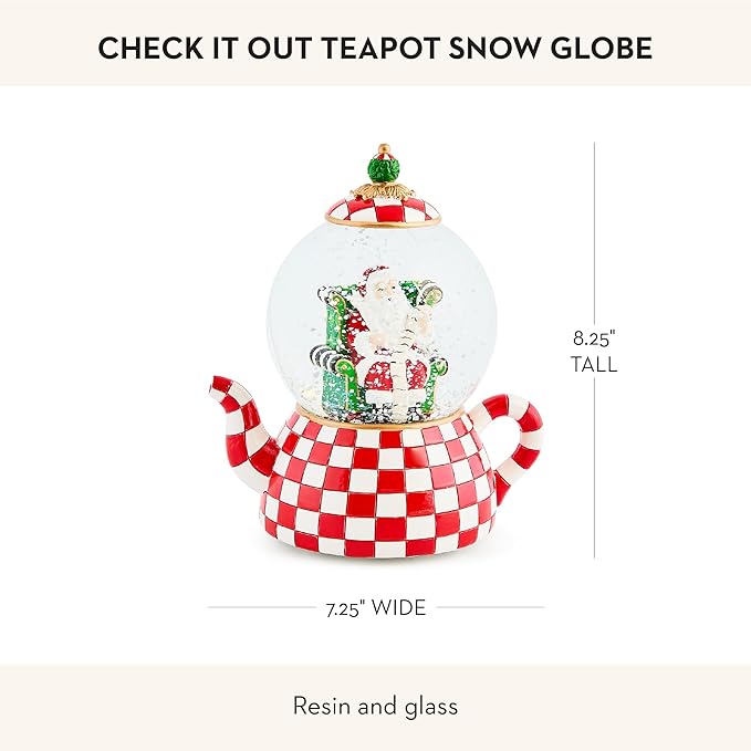 MACKENZIE CHILDS Snow Globe, Christmas Decor for Living Room, Check It Out Teapot