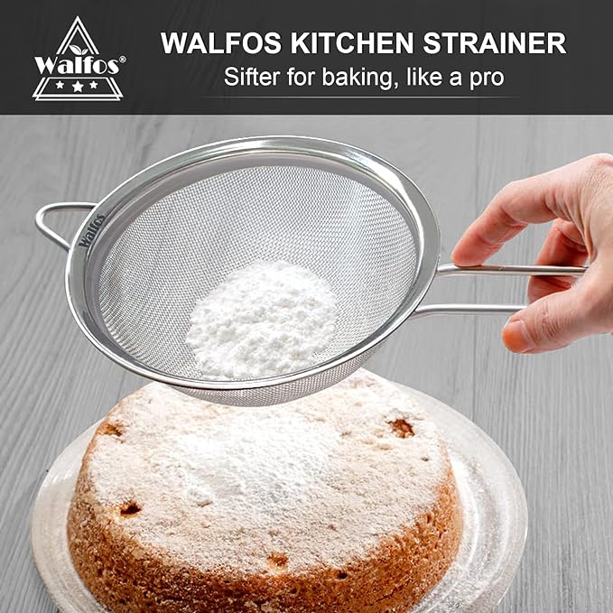 Walfos Extra Fine Mesh Strainer Set of 4-9.35", 6.95", 4.6", 2.7", Stainless Steel 30 Mesh Sieve with Sturdy Handle, Kitchen Food Strainers Sifters for Quinoa, Pasta, Fruits, Vegetables, Rice, Tea