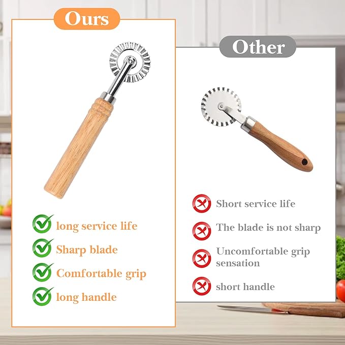 Pastry Wheel Cutter, Stainless Steel Ravioli Cutter, Fluted Pastry Wheel with Long Wooden Handle for Home Making Pasta Pizza Ravioli Cookie Tools