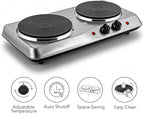 OVENTE Electric Countertop Double Burner, 1700W Cooktop with 7.25" and 6.10" Cast Iron Hot Plates, Temperature Control, Portable Cooking Stove and Easy to Clean Stainless Steel Base, Silver BGS102S