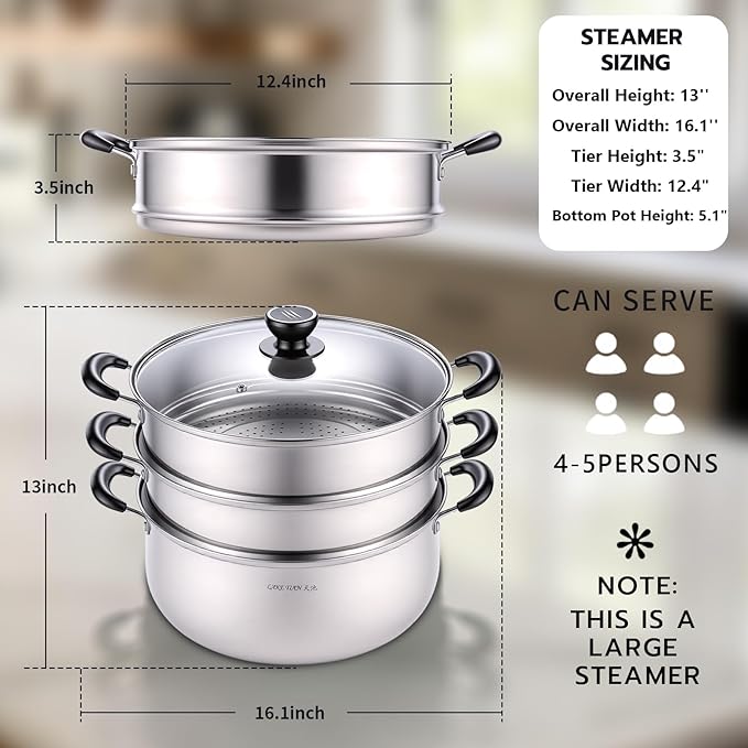 3-Tier 24 Qt Stainless Steel Steamer Pot with Glass Lid – Multi-Layer Stackable Cookware for Tamales, Vegetables & Seafood – Includes 2 Steamer Trays & Base Pot(30cm/11.8Inch)