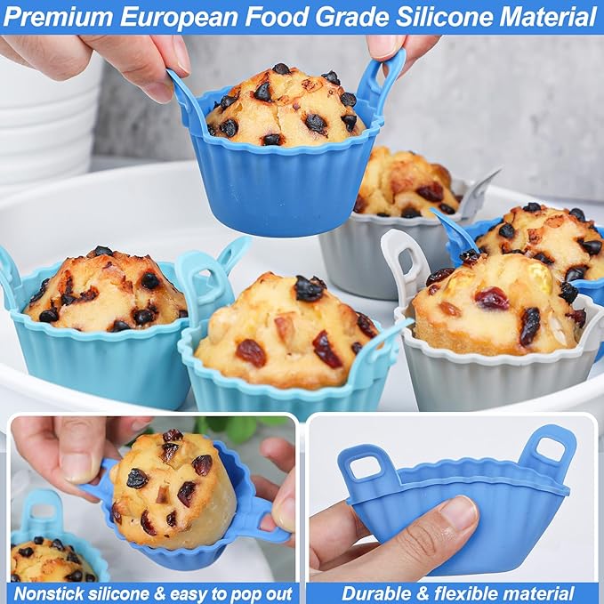 Koluti Nonstick Silicone Muffin Baking Cups Pack of 12, Reusable Cupcake Molds with Double Handle, BPA Free, Mini Round Air Fryer Cupcakes Liner, 3 Colors
