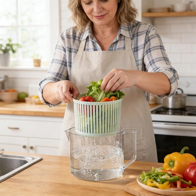 Vegetable Cleaning Bowl – Hand Crank Washer Device, Fruit Rinse Spinner Tool, Salad Washing Container for Kitchen Meal Prep Use | Smooth Mechanism Fast Drain Function Stable Base Structure