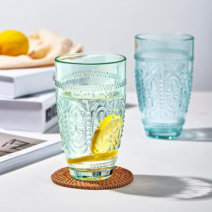 CREATIVELAND Colored Vintage Drinking Glasses Set of 4, 15.5 oz Romantic Embossed Water Glasses, Colored Tumblers Tempered Glass for Juice, Beverages, Beer, Cocktail