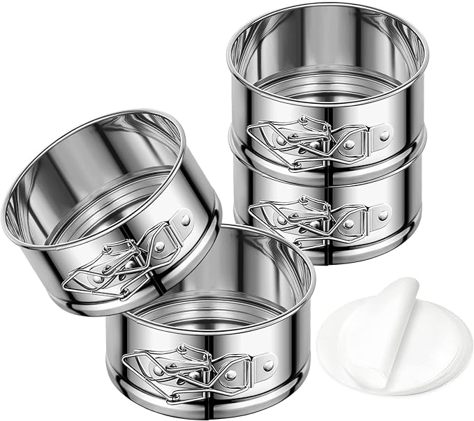 4" Springform Cake Pan, 4 Pcs Stainless Steel Springform Pans with 50 Pcs Paper Liners, Leakproof & Nonstick Cheesecake Pan with Removable Bottom, Small Cake Pan for Mini Pizzas Quiches