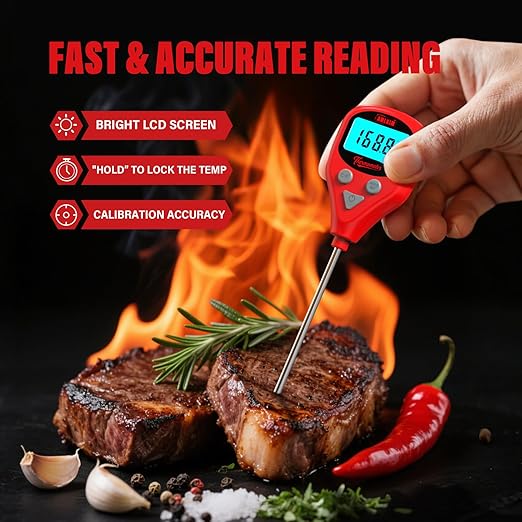 AWLKIM Rechargeable Digital Meat Thermometer with 3.3ft External Probe, Warning Alert, Instant Read Food Thermometer for Cooking Baking Water BBQ Oil Fry, Waterproof IP67, Hold Function, Oven Safe