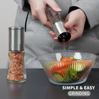 Salt and Pepper Grinder Set of 2 - Adjustable Sea Salt Grinder, Pepper Mill Grinder, Salt and Pepper Shakers - Small Salt and Pepper Grinder Set with Stainless Steel Cap and Glass Container