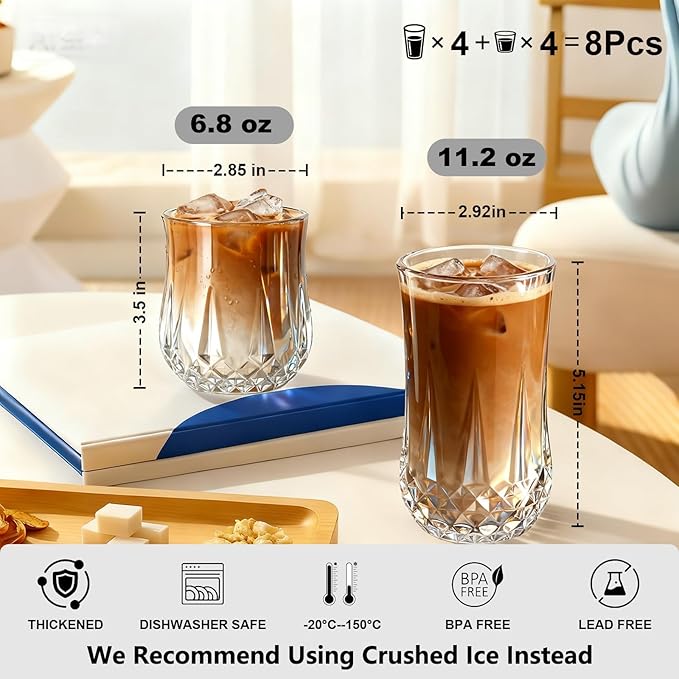Ruckae Drinking Glasses Set of 8,11 oz and 7 oz Kitchen Water Glass Cups Set,Clear Curvature Glassware Dishwasher Safe,Mixed Drinkware for Beer,Juice,Cocktail,Whiskey,Milk and Various Mixed Drinks