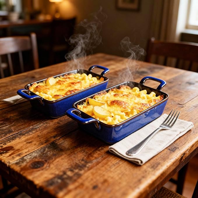 7 x 4 Au Gratin Baking Dishes for Oven Safe and Microwave Cooking and Baking, 2 piece, Heat Resistant Ceramic with Handles for Serving, Small Casserole Dish Set for 1 or 2 person servings, Blue