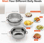 3-Tier Stainless Steel Steamer Pot, Large Capacity Food Steamer for Stove, Multi-Layer Stackable Cooking Steam Pot Kitchen Cookware with Glass Lid for Induction/Gas/Electric Stoves (12.8 Inch)