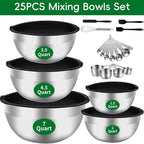 WEPSEN Mixing Bowls Set, 25PCS Stainless Steel Mixing Bowl with Lid Set, Large Nesting Bowls 7, 4.5, 3,2, 1.5QT, Measuring Cups and Spoons Baking Utensils Metal Bowl for Kitchen Prep