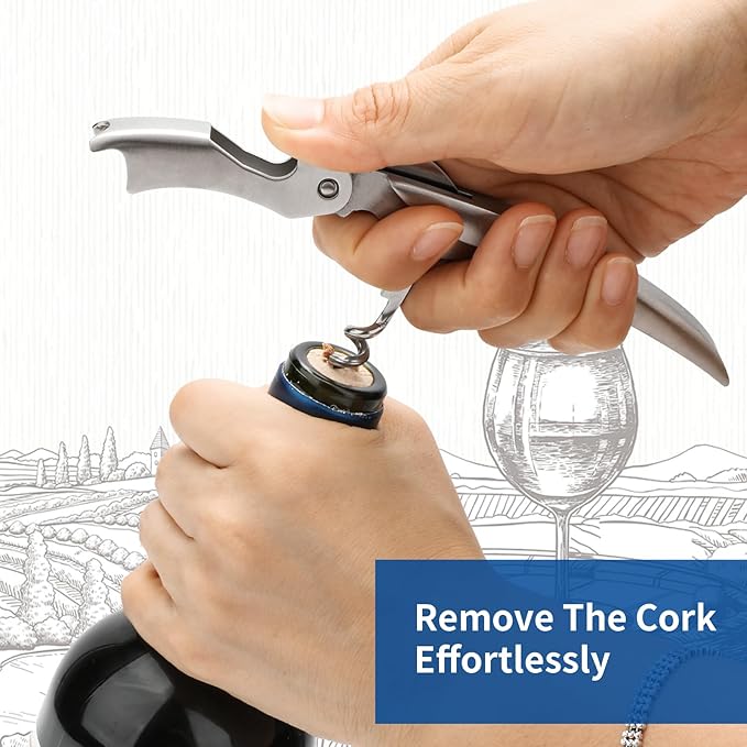Sleek Waiter’s Corkscrew by ELMWAY - Stainless Steel Manual Wine Opener with Foil Cutter & Beer Bottle Opener, Portable & Durable Wine Key with Pouch, Wine gift for Wine Lover