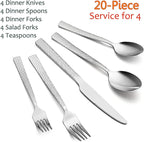 E-far 20-Piece Hammered Silverware Set, Stainless Steel Square Flatware Set Service for 4, Tableware Cutlery Set Includes Forks Spoons Knives, Modern Design & Mirror Finish - Dishwasher Safe