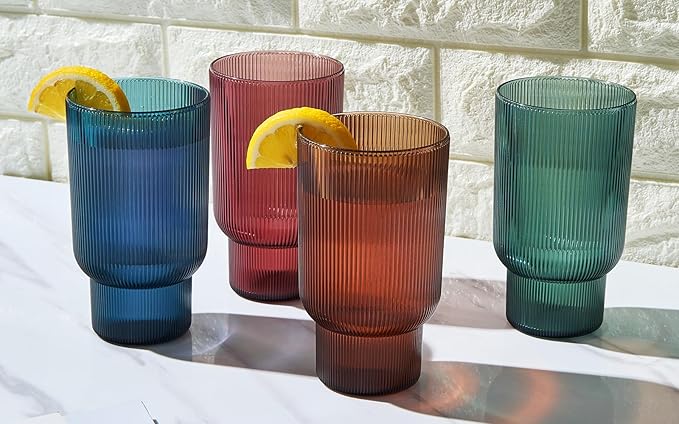 Khen Shatterproof Acrylic Tall Drinking Glasses Set, European Style, Dishwasher Safe, Ribbed | Set of 4 | Fluted Tritan Drinkware, Unbreakable BPA-free Plastic, Reusable Stackable Glassware 14.5oz