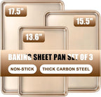Baking Sheet Pan Set of 3, Commercial Cookie Sheets for Baking, Nonstick Half/Quarter/Jelly Roll Pans Replacement Toaster Oven Tray, Heavy Duty & Easy Clean, Champagne Gold