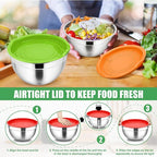 P&P CHEF Multicolor Mixing Bowls with Lids, Set of 3, Stainless Steel Salad Nesting Bowl for Mixing, Storing, Prepping, Airtight & Stackable, Size 4.6/3 /1.5 QT