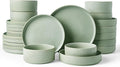 Famiware Star 24-Piece Stoneware Dinnerware Sets for 6 - Shallow Pasta Bowls & Flat Plates, Modern Rustic Reactive Glaze Dishes, Chip & Scratch Resistant, Microwave & Dishwasher Safe, Matte Sage Green