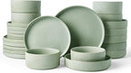 Famiware Star 24-Piece Stoneware Dinnerware Sets for 6 - Shallow Pasta Bowls & Flat Plates, Modern Rustic Reactive Glaze Dishes, Chip & Scratch Resistant, Microwave & Dishwasher Safe, Matte Sage Green