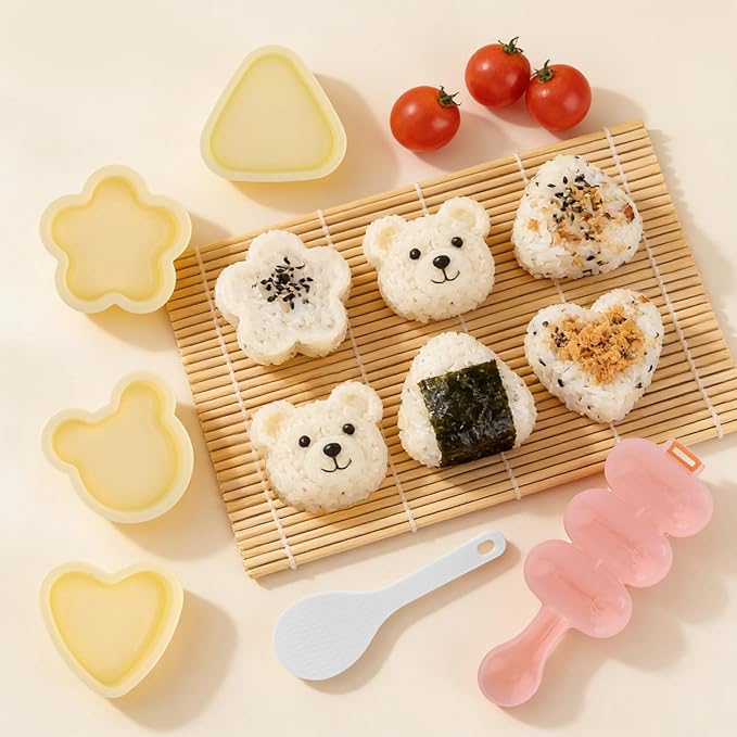 7pcs Rice Ball Mold Kit, Musubi Maker Set Shake Rice Press Roll Shaker Mould Sushi Making Kit with Scoop Kitchen Tools for Lunch Bento and Home DIY