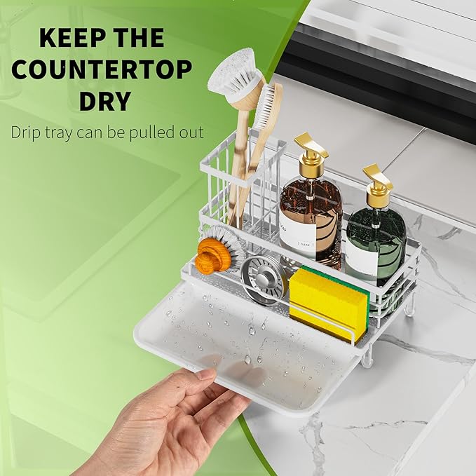 Cisily Stainless Steel Kitchen Sink Caddy Organizer, Sponge Holder for Sink Rustproof, Non-Slip Soap Dish Dispenser Brush Holder Storage, Home & Kitchen Essentials Accessories (White)