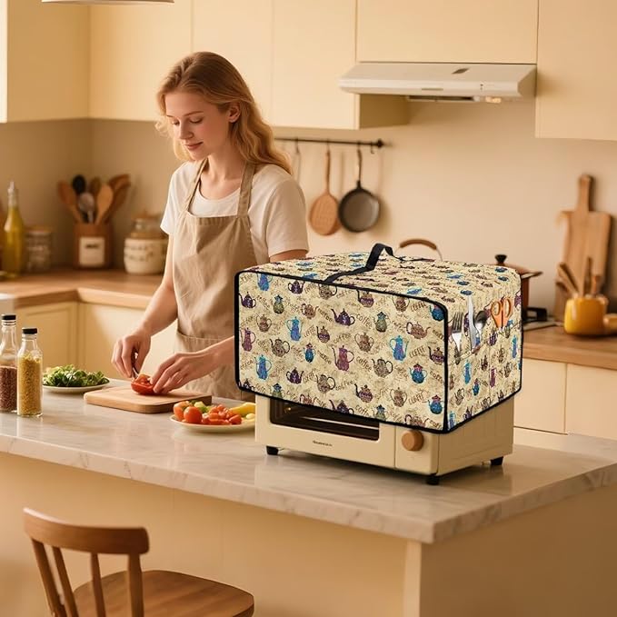 Coffee Kettle Print Toaster Oven Dust Cover, Fingerprint Protectors and Greasy Protection Machine Washable Universal Toaster Oven Protector for Kitchen, (Large-18.5*22.5*12.99 inches)