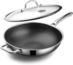 DOTCLAD Wok pan,Hybrid 12 inch Wok with Lid, PFOA Free Cookware,non stick Stainless Steel Woks & Stir-fry pans Nonstick, Dishwasher and Oven Safe, Works on Induction