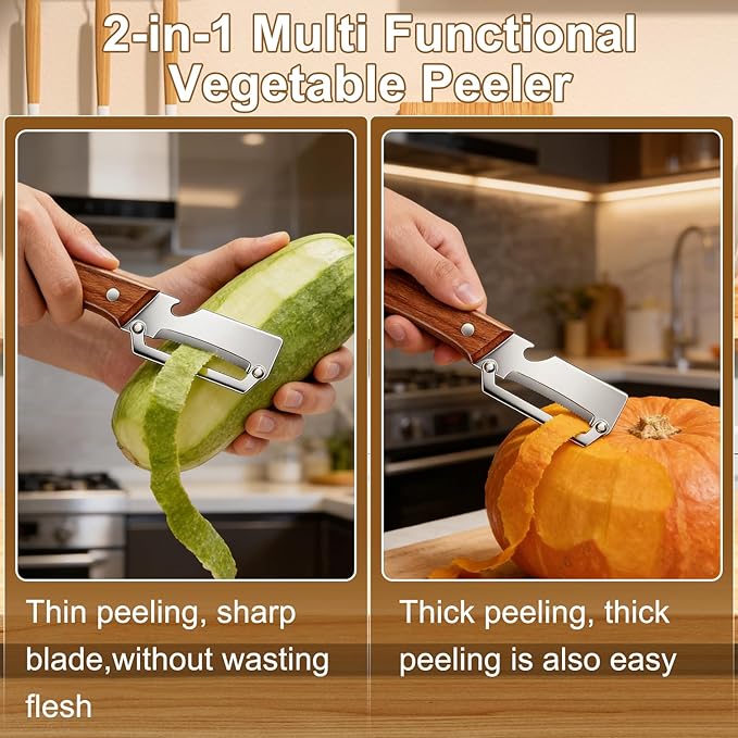 Multi-Functional Vegetable Peeler for Kitchen, With Wooden Handle and Bottle Opener, Comfortable and non-slip handle Stainless Steel Blade Easy to Clean for Fruit Potato Pumpkin Papaya (2 PCS)