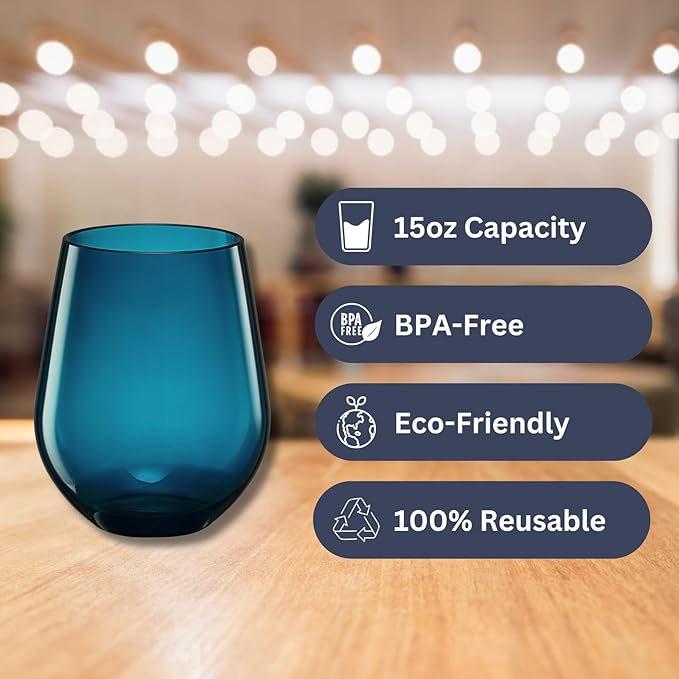 Khen European Style Shatterproof Tritan Stemless Wine Glasses, Acrylic Glass Drinkware, Unbreakable Colored, 12- Set - BPA-free plastic, Reusable, Dishwasher Safe, All Purpose Glassware 15oz - (Muted)