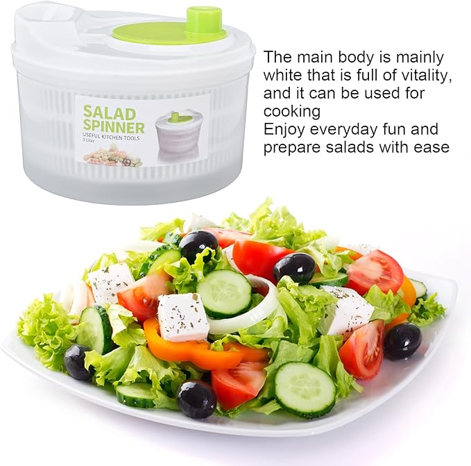 Salad Spinner, 3L Multipurpose Lettuce Spinner Vegetable Washer with Bowl Colander Basket and Easy Grip Handle for Veggie Fruit Drying, White