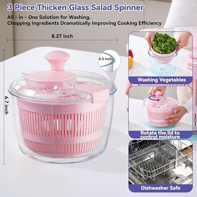 Good Grips 3.2 Qt Glass Salad Spinner Small Vegetable Dryer with Drain Microwave Safe Dishwasher Safe with Transparent Lid Crank Handle Quick Spin Greens Washer for Lettuce Herbs Fruits Pink
