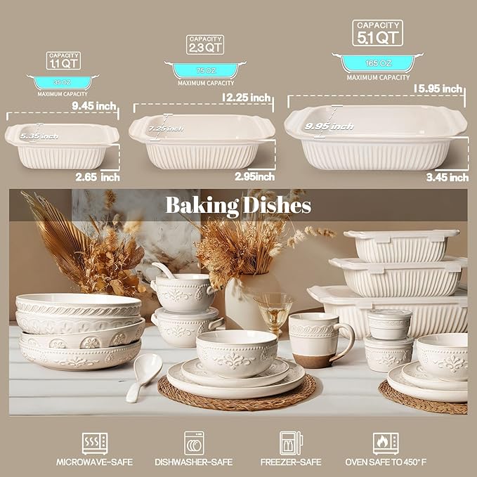 Artena Casserole Dishes For Oven, Ceramic Baking Dish, Large Lasagna Pan With Handles, Baking Pan Casserole Dish, Rectangular Bakeware Deep, White, Set Of 3 (5.1Qt/2.3Qt/1.1Qt) (Only Baking Dish)