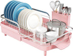 SNTD Dish Drying Rack, Expandable Dish Rack for Kitchen Counter, Stainless Steel Dish Drainer with Drainboard Set and Utensil Holder (Pink)