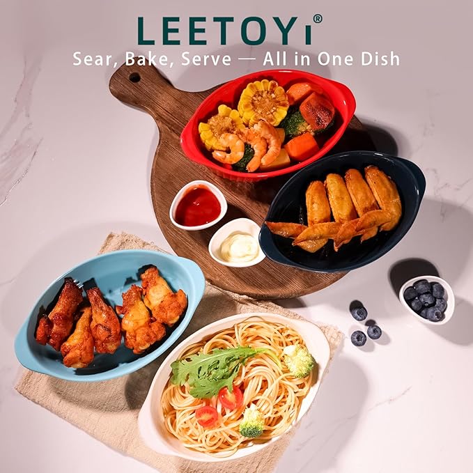 LEETOYI Porcelain Small Oval Au Gratin Pans, Baking Dish Set for 1 or 2 person servings, Bakeware with Double Handle for Kitchen and Home, Set of 2 (Navy)