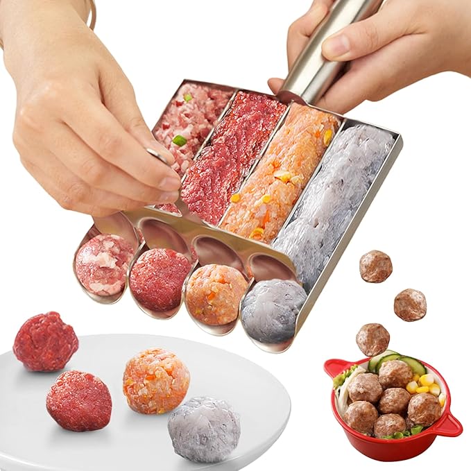 4-Tube Meatball Maker Tool, Stainless Steel Creative Kitchen Making Mold Set with Cutting Spoon, Diy Easy Quick for Meatballs Lover, Washable Home Cooking Tools