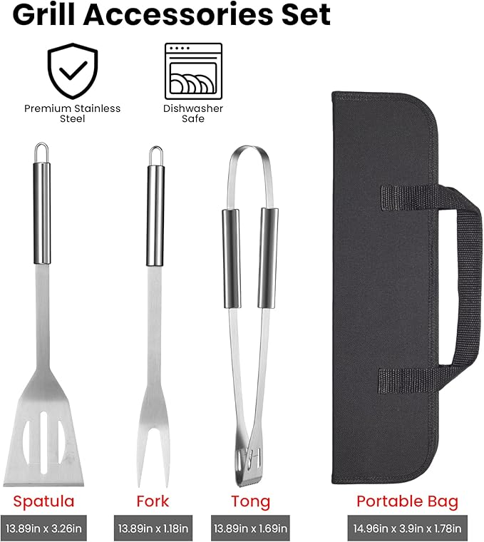 Grilling Accessories Tool Kit 4-Piece, Stainless Steel Barbeque Grilling Tools Set for Men with Carry Bag for Outdoor Grilling BBQ Tools Kit