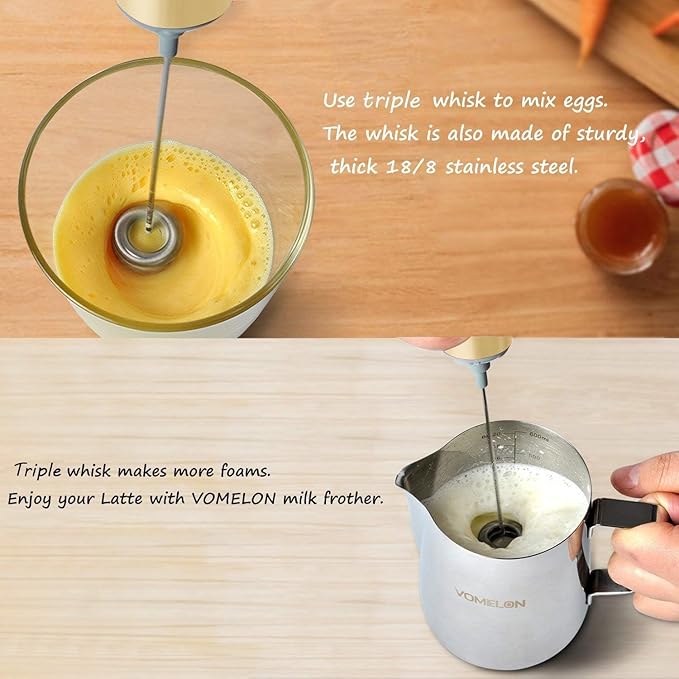 Electric Milk Frother Handheld,Travel Coffee Drink Mixer Batteries Included, 304 Stainless Steel Whisk for latte Cappuccino,Bulletproof Coffee Hot Chocolate,Egg-Beige