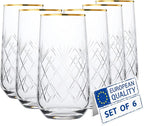 Gold Rimmed Glasses Drinking Set of 6 | 16 oz Handmade Crystal Cut Gold Rim Glass Cups Drinkware for Cocktails, Mojitos, Juice, Water & Ice Tea | Luxury Glassware for Parties & Everyday Use
