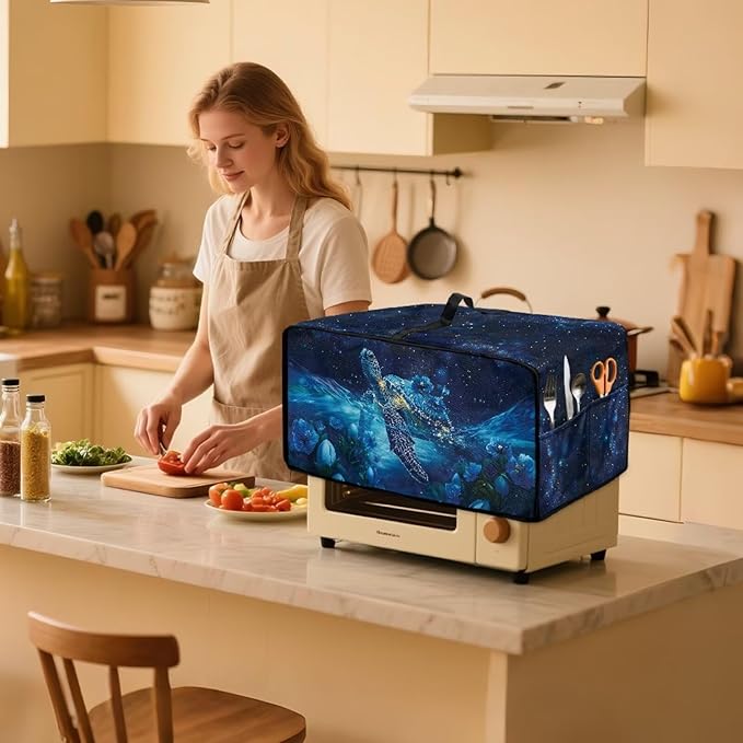 Starry Sky Ocean Turtle Print Toaster Oven Dust-proof Cover, Heat-resistant Anti Fingerprint Microwave Oven Cover, Compatible with Most Small Appliance (Small-14.5 * 18.46 * 9 inches)