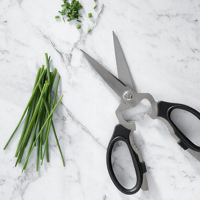 Messermeister 8-Inch Take-Apart Kitchen Scissors, Black - Includes Screwdriver, Nut Cracker, Jar Lid Opener/Gripper, Bottle Opener & Bone + Twig Cutter - Suitable for Lefties & Righties